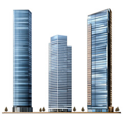 Fototapeta premium Set of tall, sleek modern office buildings isolated on a transparent background