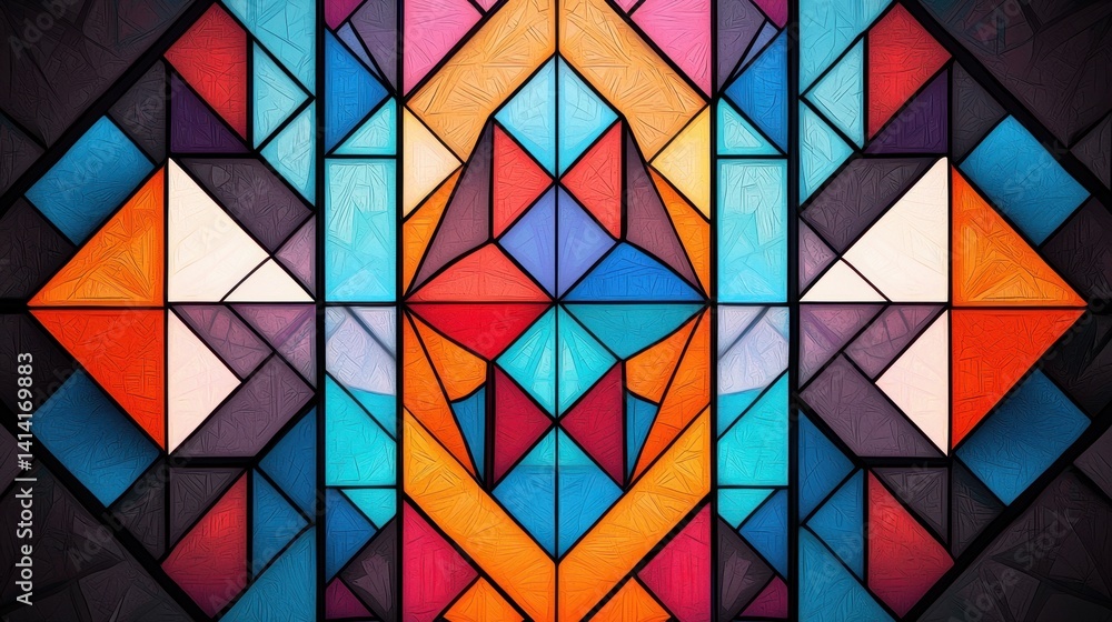 Aufkleber vibrant abstract pattern with colorful triangles, squares, and blocks in modern geometric style.