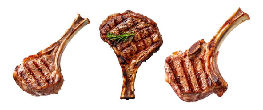 Juicy grilled lamb chop with bone, seared to perfection, showing char marks, isolated on white transparent background. Concept of gourmet meat cuisine