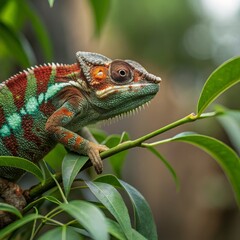 Obraz premium Panther Chameleon on Branch Close-up Photography, Vibrant Colors, Reptile Portrait, Nature. Reptile, Chameleon
