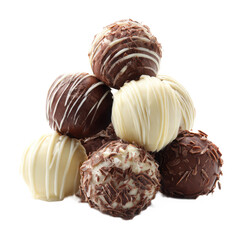 An arrangement of assorted gourmet chocolate truffles in a pile formation