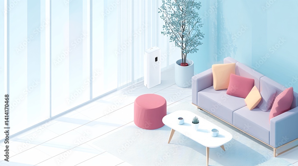 Poster a minimalist depiction of a futuristic smart home interior showcases an array of modern smart home c