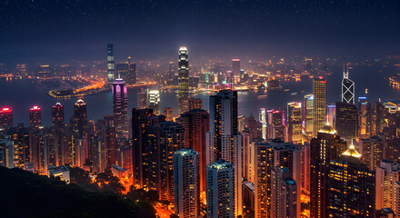 Obraz premium Cityscape at Night with Illuminated Buildings and Starry Sky