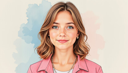 Joyful young woman smiling against soft pastel background happiness