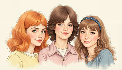 Three friends smiling together in cozy attire youthful connection