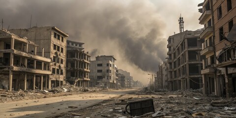 Fototapeta premium Post-War Cityscape Desolate Street, Smoke-Filled Sky, Building Ruins, Destruction, War Aftermath, Conflict Zone War Photography, Urban Decay