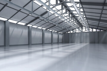 Interior empty factory with pendant lamps