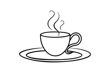 Black and white line art drawing of a coffee cup on a saucer with steam.eps