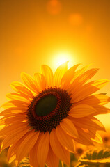 Obraz premium A luminous sunflower radiates intellectual light and warmth beneath a surreal fantasy mirage sky. 
