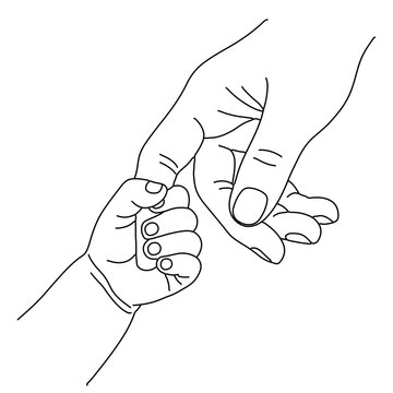 Fototapeta Vector outline of child hand holding adult’s finger, minimalist black and white style