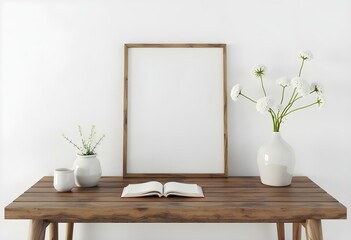 A blank frame with a vase of white flowers and a book on a wooden table against a white wall