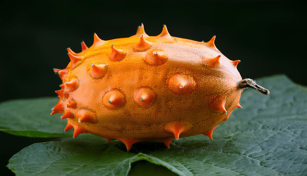 A single orange kiwano melon rests on a leaf. Empty background