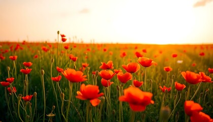 Stunning Sunset Poppy Field: Vibrant Red Flowers at Golden Hour