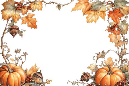 A decorative frame with autumn leaves pumpkins gourds and vines creating a festive seasonal border design