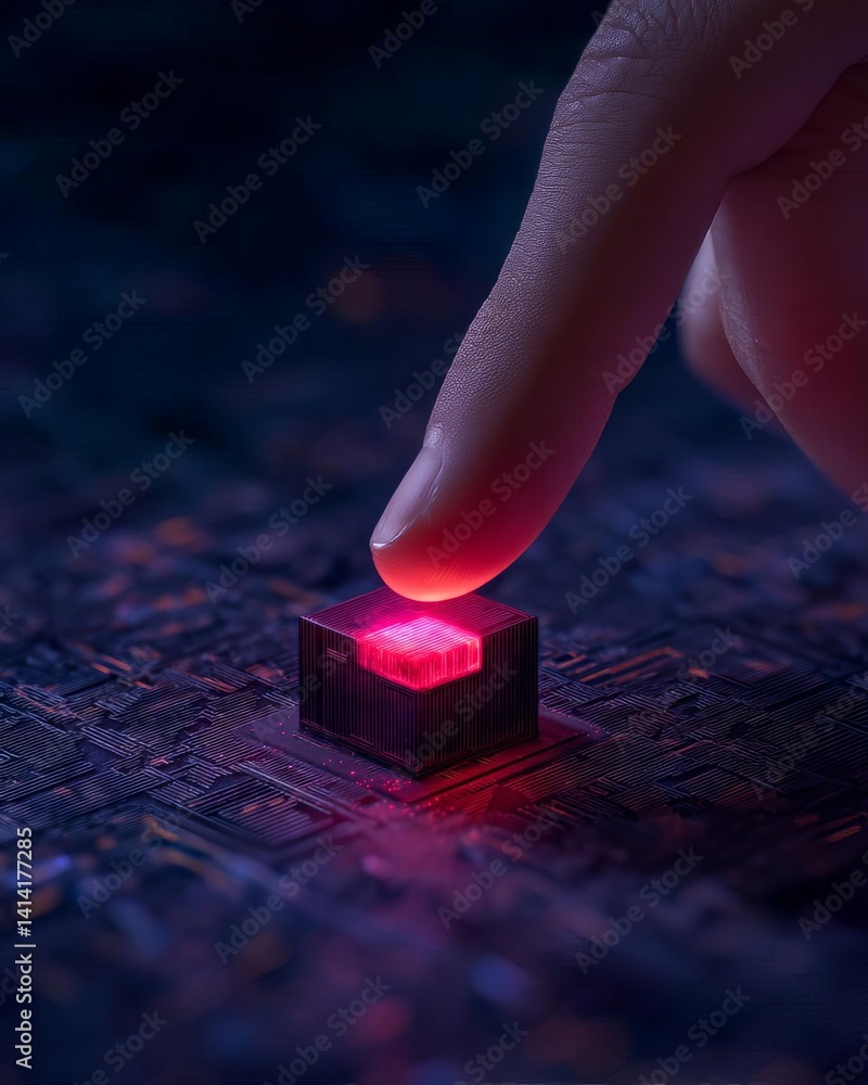 Poster a close-up of a finger pressing a glowing button on a circuit board.