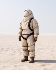 Naklejka premium Astronaut in a space suit standing on an alien landscape filled with sand.