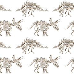 Seamless pattern with dinosaur skeletons. Traceratops and diplodocus. Prehistoric reptiles and animals. Bones and fossils of the Jurassic era. Watercolor illustration without background. Hand drawing © Alena Sid