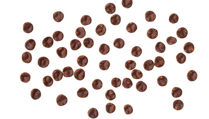 Obraz premium an arrangement of small round dark brown coffee beans scattered on a white background showcasing their texture and shape for culinary or promotional purposes