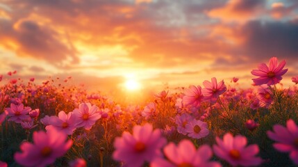 Fototapeta premium The sun rises majestically, casting golden light over a field bursting with colorful flowers. Pink blossoms stretch towards the sky, showcasing nature's beauty at dawn