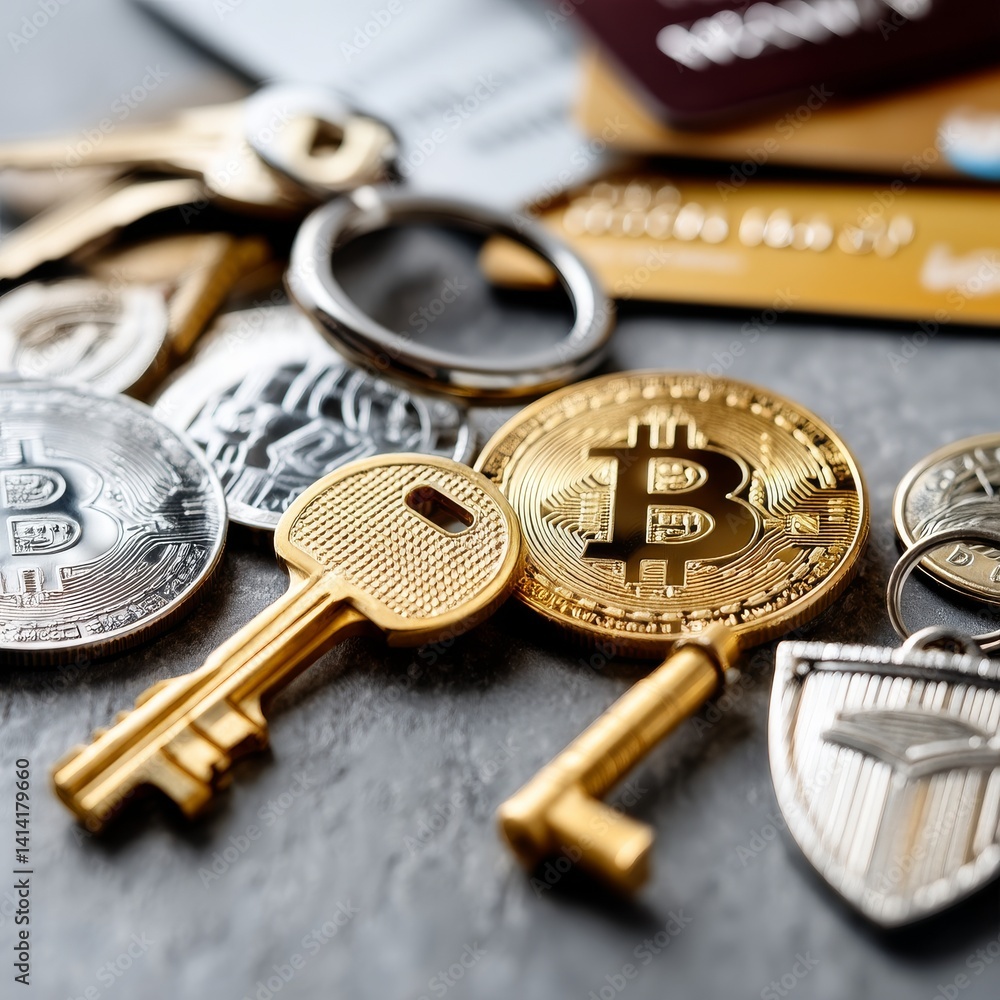 Poster Bitcoin and Golden Key: Digital Currency and Security Metaphors with Credit Card Close-Up