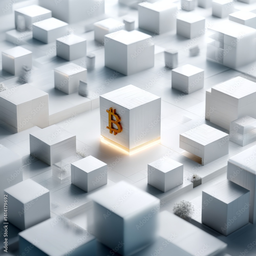 Leinwandbilder bitcoin block in a minimalist landscape: digital currency dominance amidst geometric structures