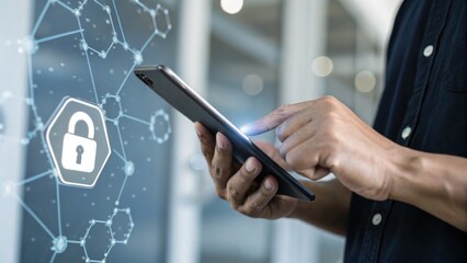 A person interacts with a tablet, highlighting a digital lock symbol, representing cybersecurity and technology in a modern setting.