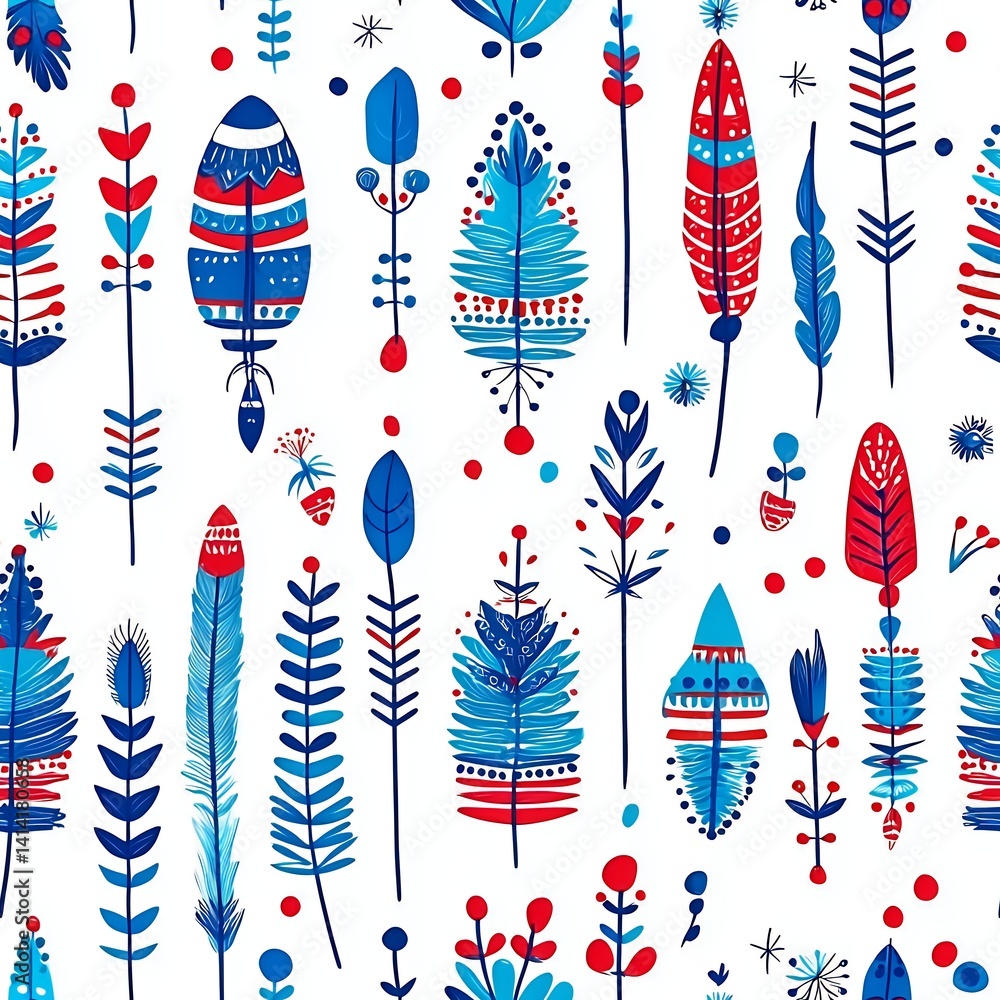 Poster seamless pattern with red and blue feathers on white background
