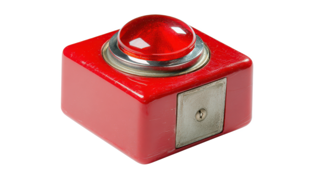 The Big Red Button: A retro-styled, isolated emergency stop button with a shiny red dome, set against a stark black background, evoking themes of urgency and power.