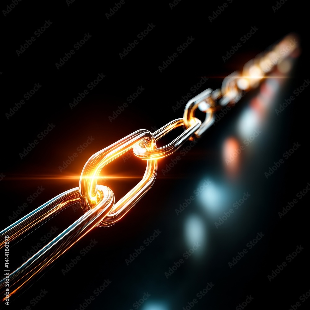 Poster gleaming metal chain links with vibrant orange flare, reflecting strength and connection on a dark b