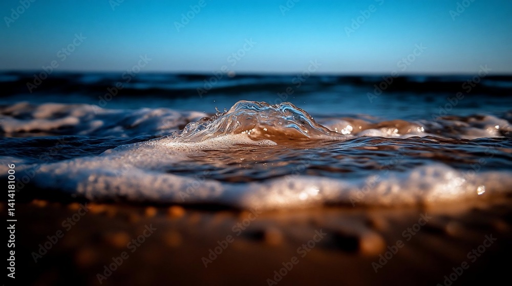 Poster close-up view of wave cresting near the shore with blurred background and selective focus revealing 