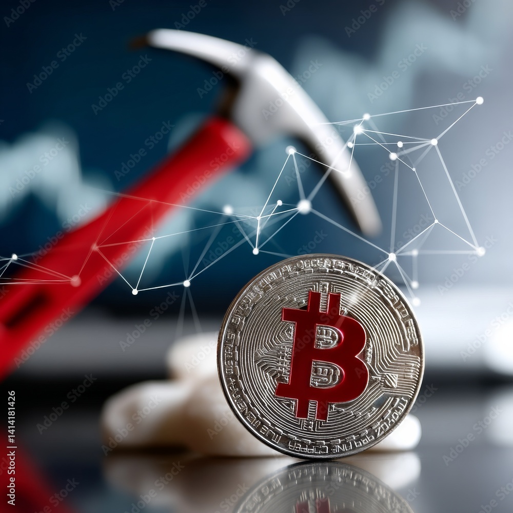 Poster mining for bitcoin: a digital pickaxe and a shiny bitcoin, symbolizing the pursuit of cryptocurrency