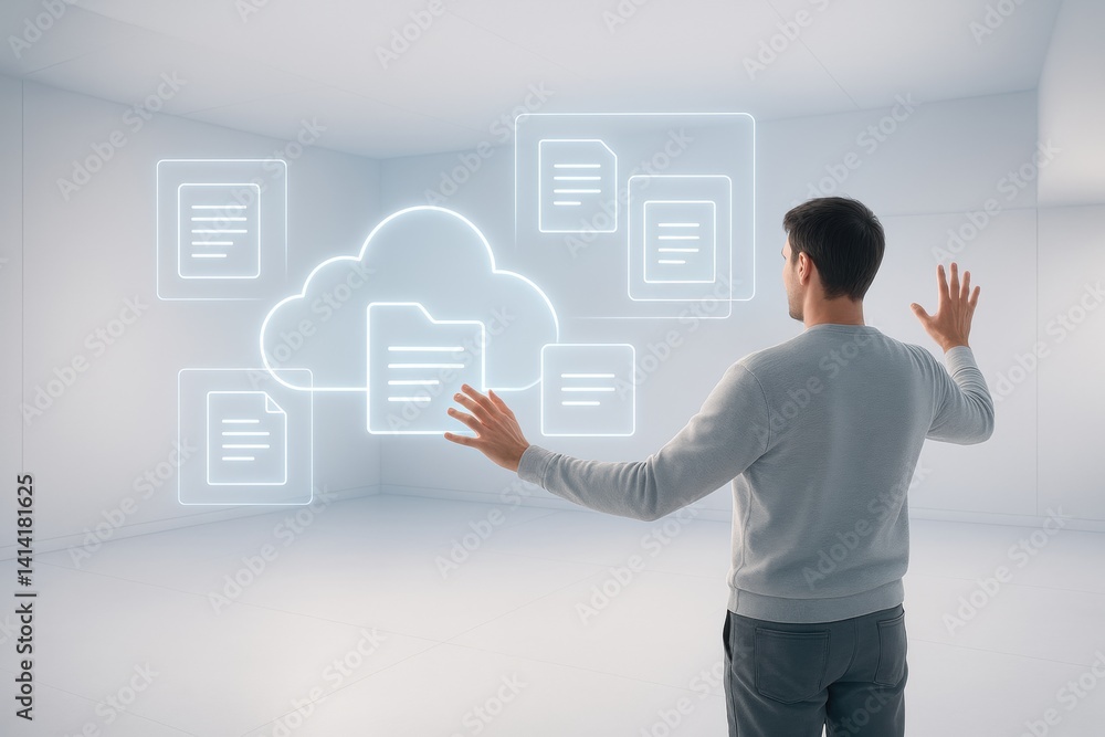 Aufkleber cloud connection: a modern individual in a minimalist setting interacts with a virtual cloud storage