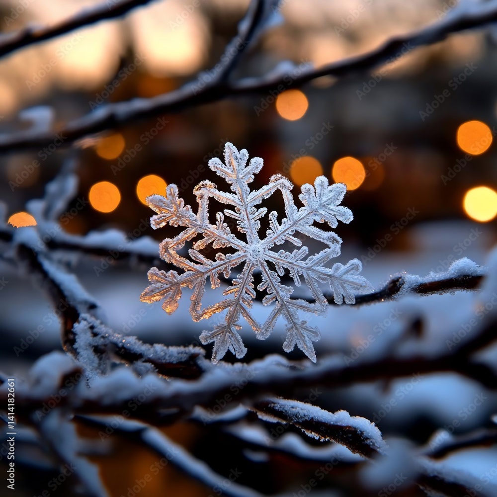 Poster Close-up of a delicate snowflake perched on frosted branches with soft bokeh lights in the background. Captures the intricate details of winter and its beauty