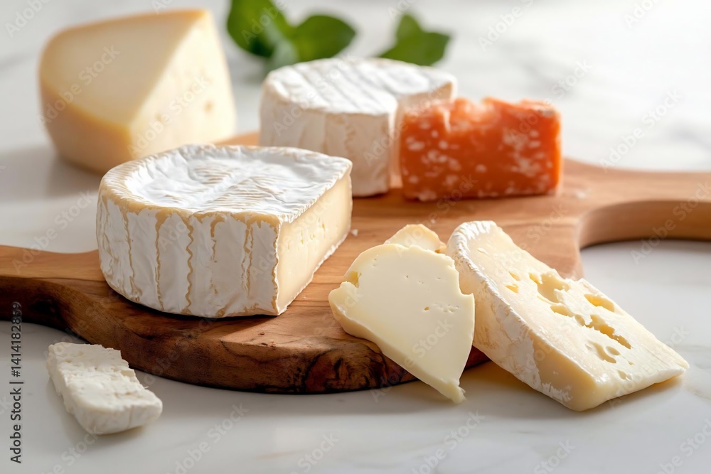 Poster assortment of cheeses arranged on a wooden board against a marbled backdrop with variations in color