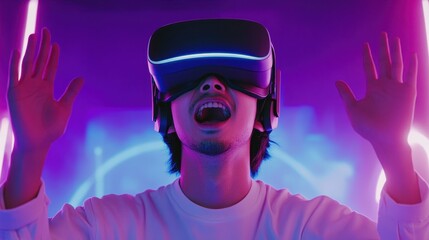 Young asian male experiencing virtual reality with headset in neon lights