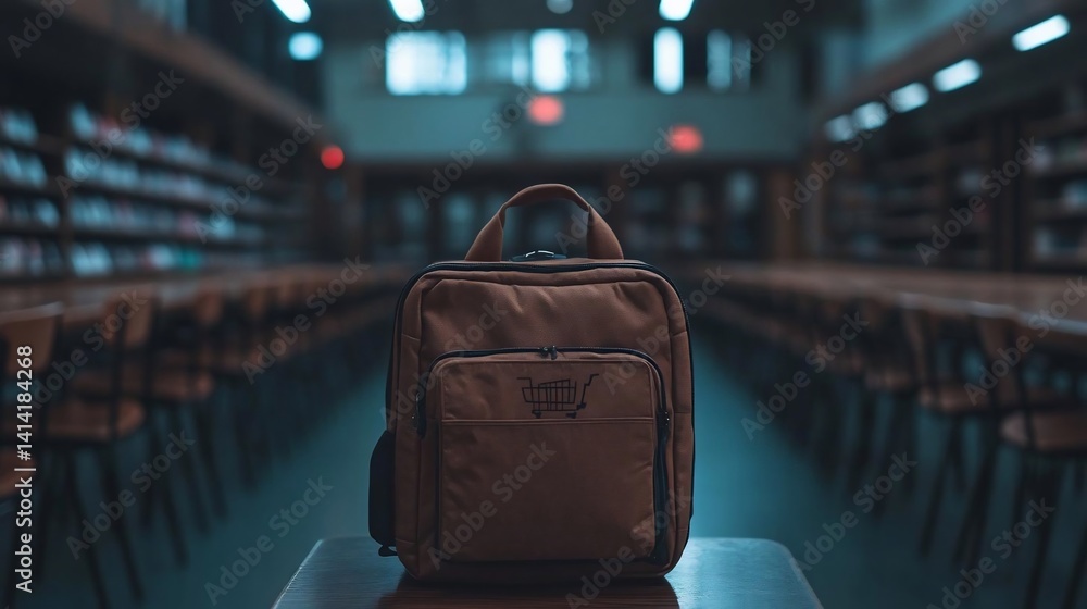 Poster A generic backpack stands prominently on a table inside a library. The background features blurred rows of chairs and bookshelves under ambient lighting