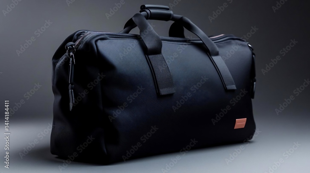 Poster black duffel bag on a gray background with a side handle and strap illuminated by studio lighting