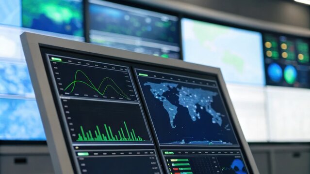 A digital display shows various data visualizations, including graphs and a world map, suggesting a focus on analytics or monitoring.