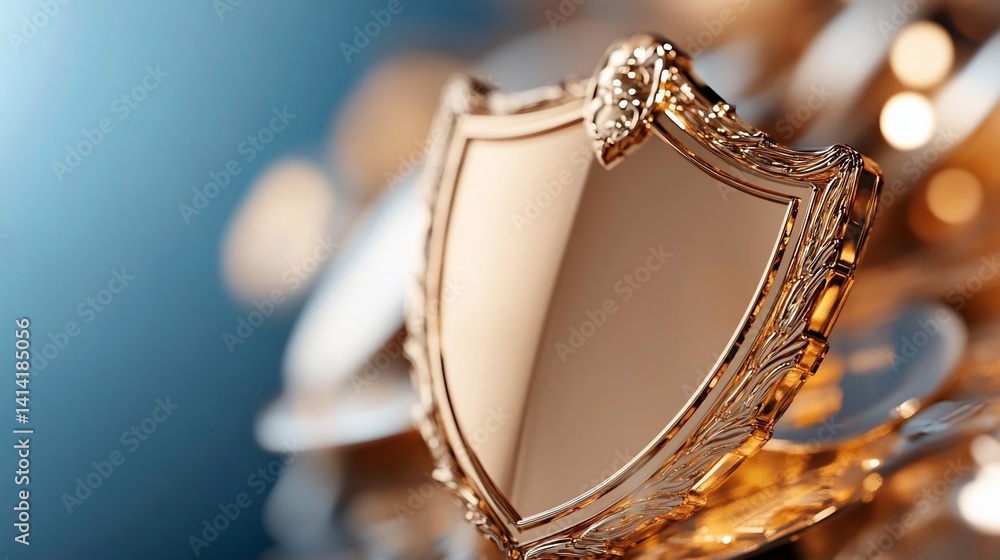Poster golden shield with intricate details in a blurred background of gold coins and blue light. the shiel