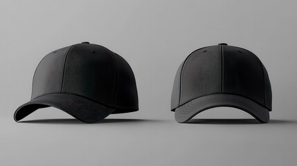 Front and side view of two black baseball caps on gray background