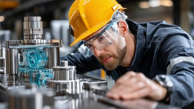 Focused inspection: An engineer's intense focus on intricate machine components, immersed in the world of mechanical precision within an industrial setting.