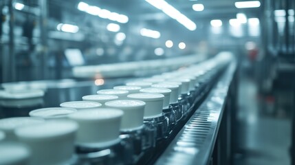 Obraz premium Automated dairy production line with yogurt cups in modern factory