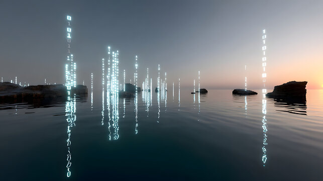 surreal digital landscape featuring floating binary code above calm water surface at sunset, creating tranquil yet futuristic atmosphere