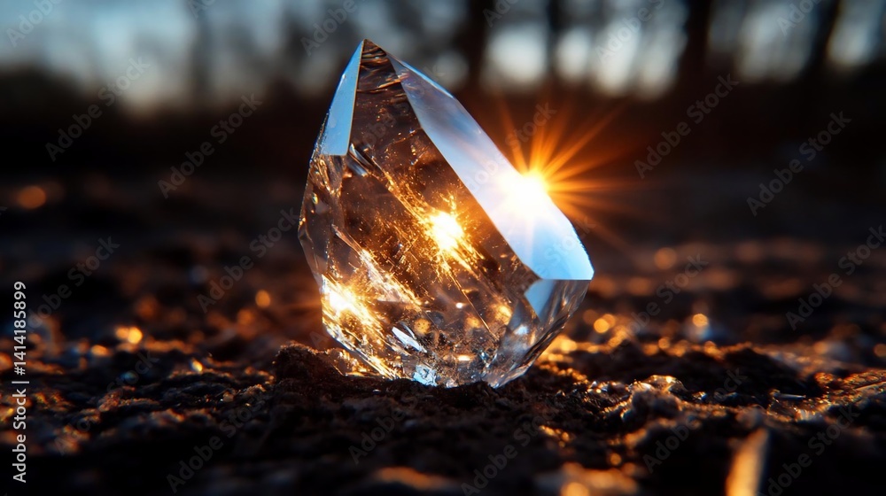 Poster close-up shot of a clear crystal with internal golden light on a dark earthy ground with bokeh backg