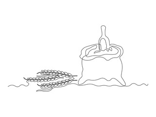 Abstract ears of wheat and a bag of flour and a dustpan.  continuous single one line art hand drawing sketch logo