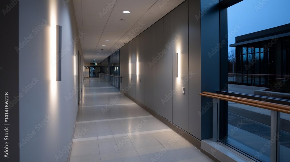 Fototapete long interior hallway with modern architecture featuring recessed lighting and expansive windows ove