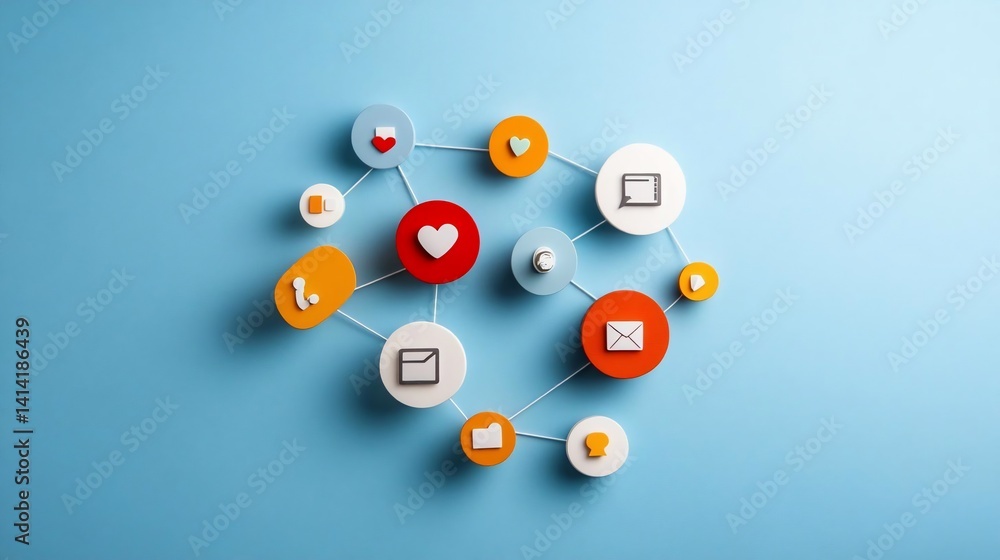 Poster Abstract network of colorful connected icons against a blue background representing communication social media and digital interactions