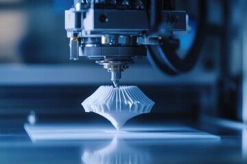 A 3D printer meticulously crafts a complex, layered white object, showcasing advanced additive manufacturing technology.