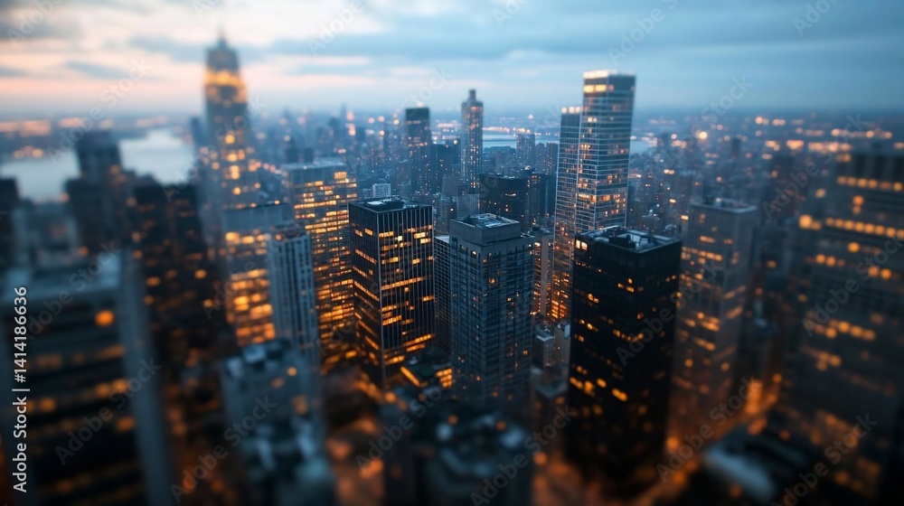 Aufkleber aerial view of a cityscape at dusk featuring illuminated skyscrapers and buildings in a metropolitan