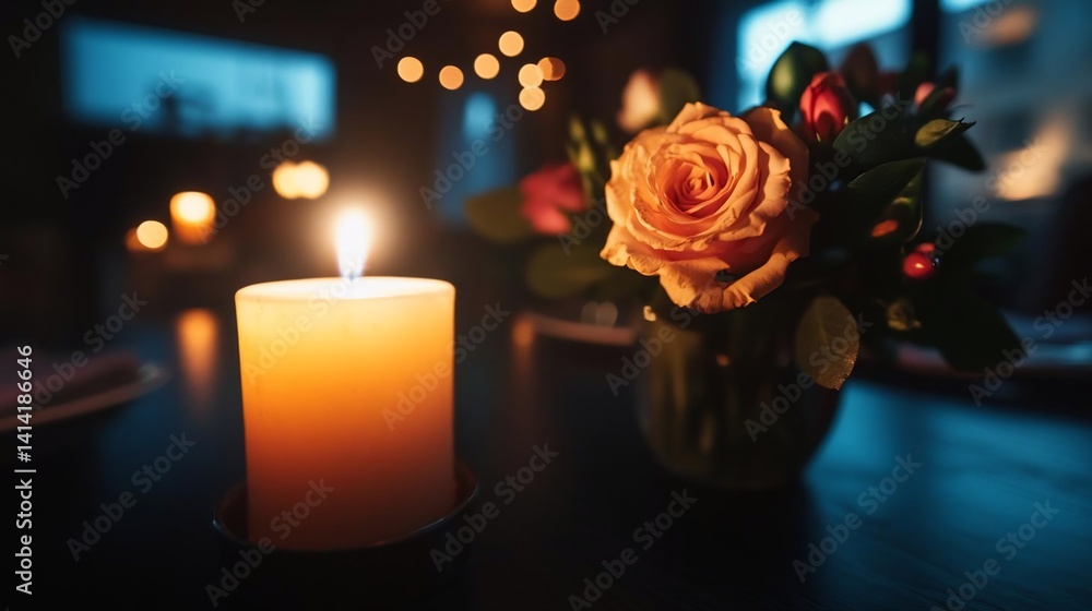 Aufkleber Close-up view of a lit candle and a vase of flowers on a dark table with blurred background and warm lighting creating a romantic atmosphere